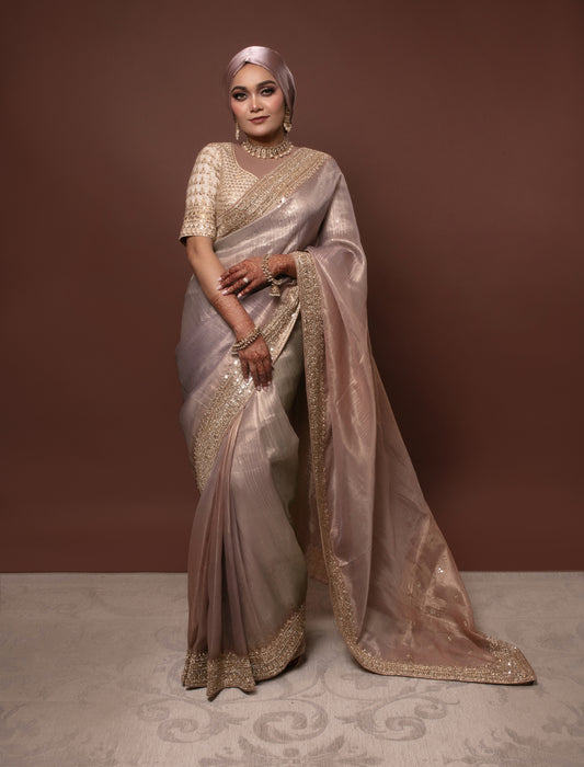 Luxury Organza Tissue Beadwork & Gota Embroidery Sari DF306