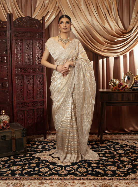 Signature Tissue Organza Beadwork Embroidery Sari DF358