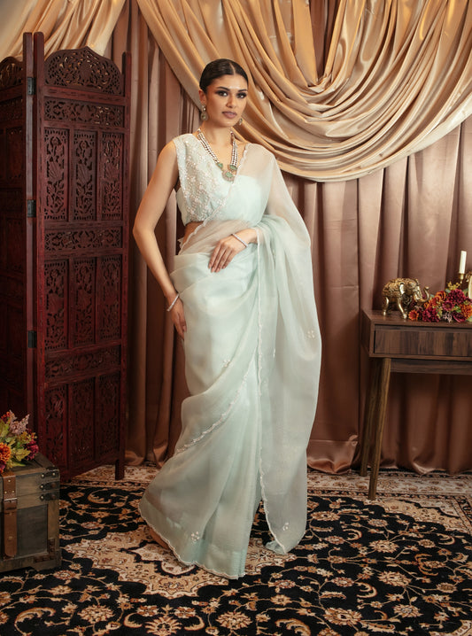 Luxury Crushed Silk Pearl Beadwork Embroidery Sari DF371