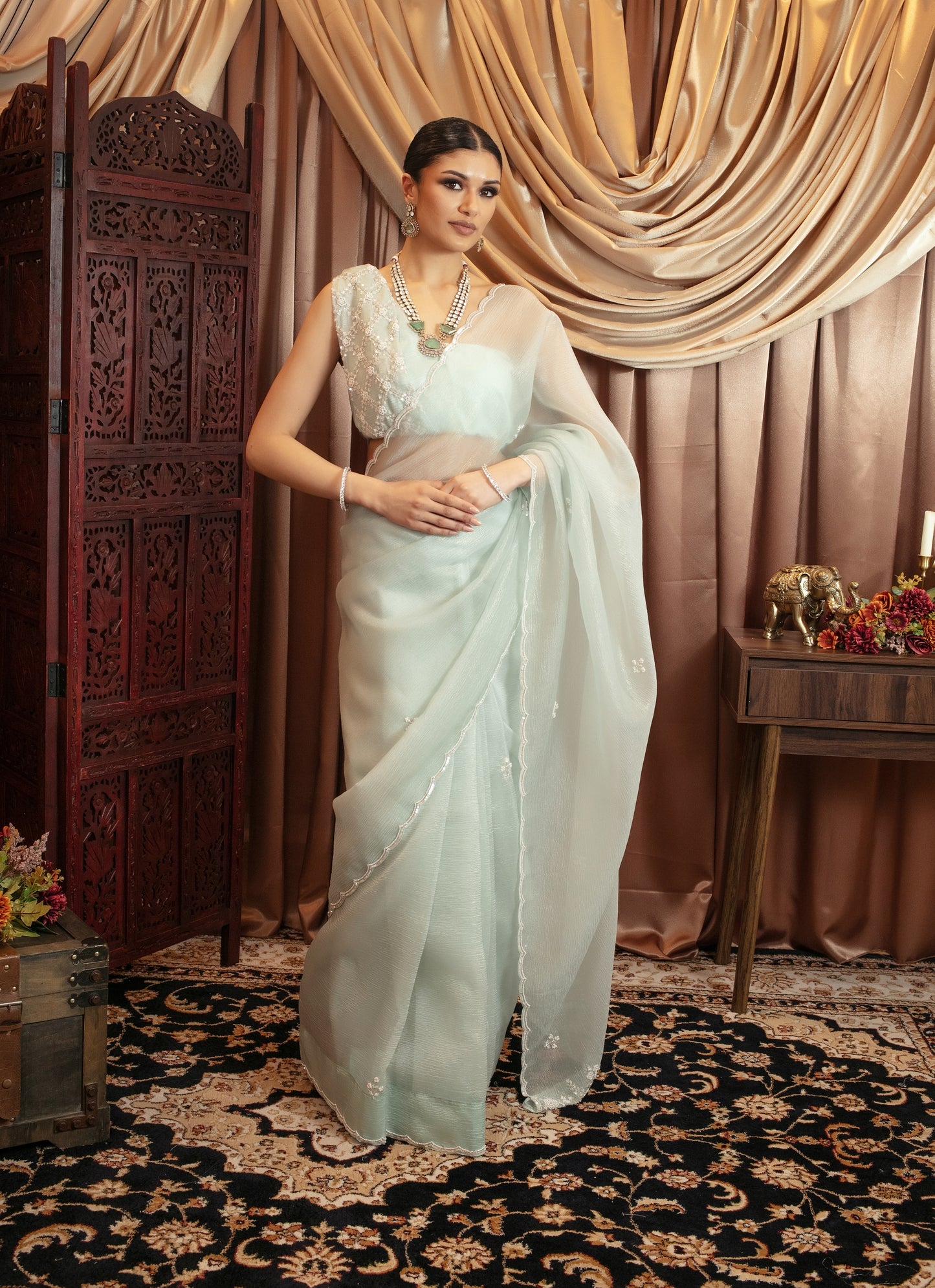 Luxury Crushed Silk Pearl Beadwork Embroidery Sari DF371