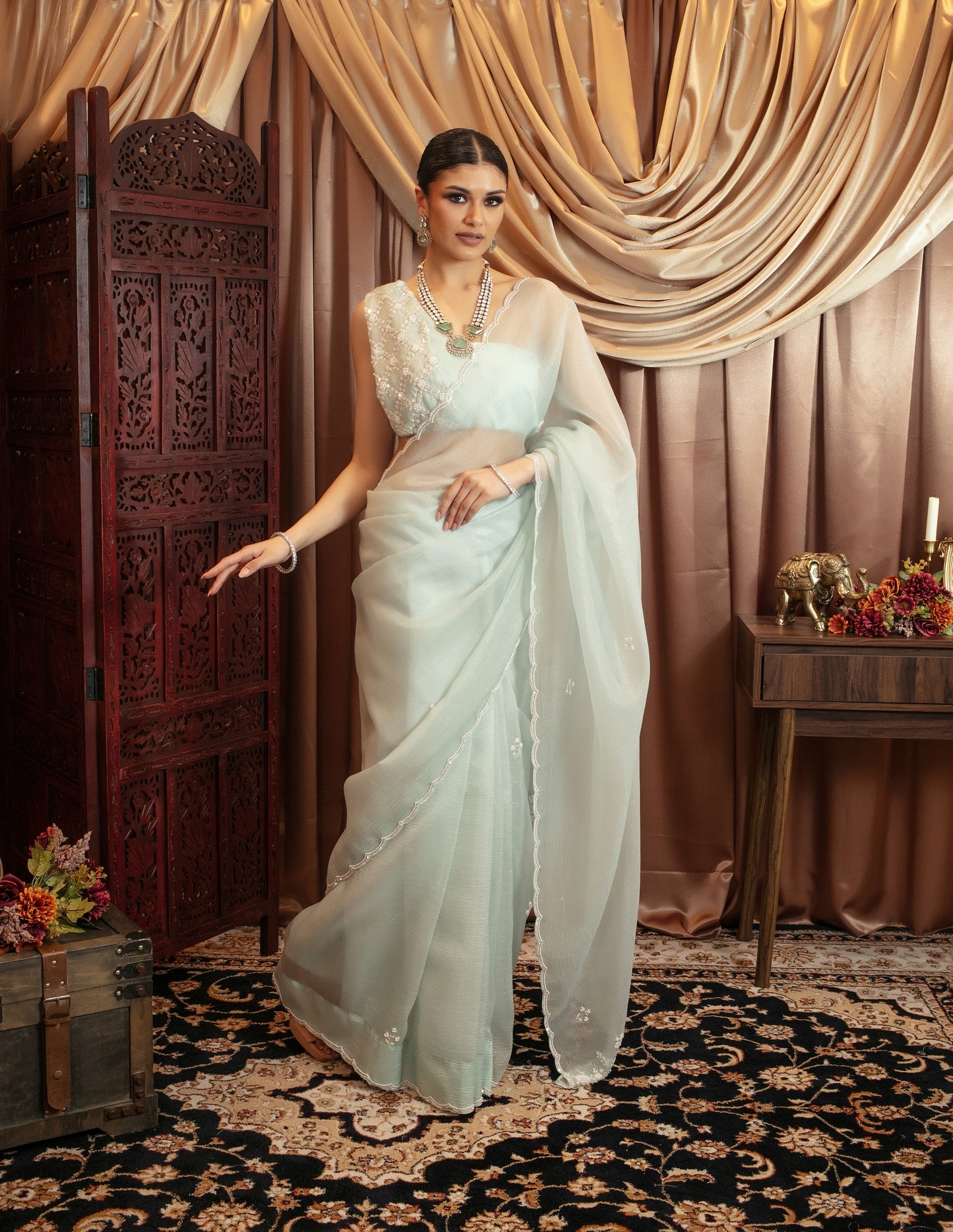 Luxury Crushed Silk Pearl Beadwork Embroidery Sari DF371