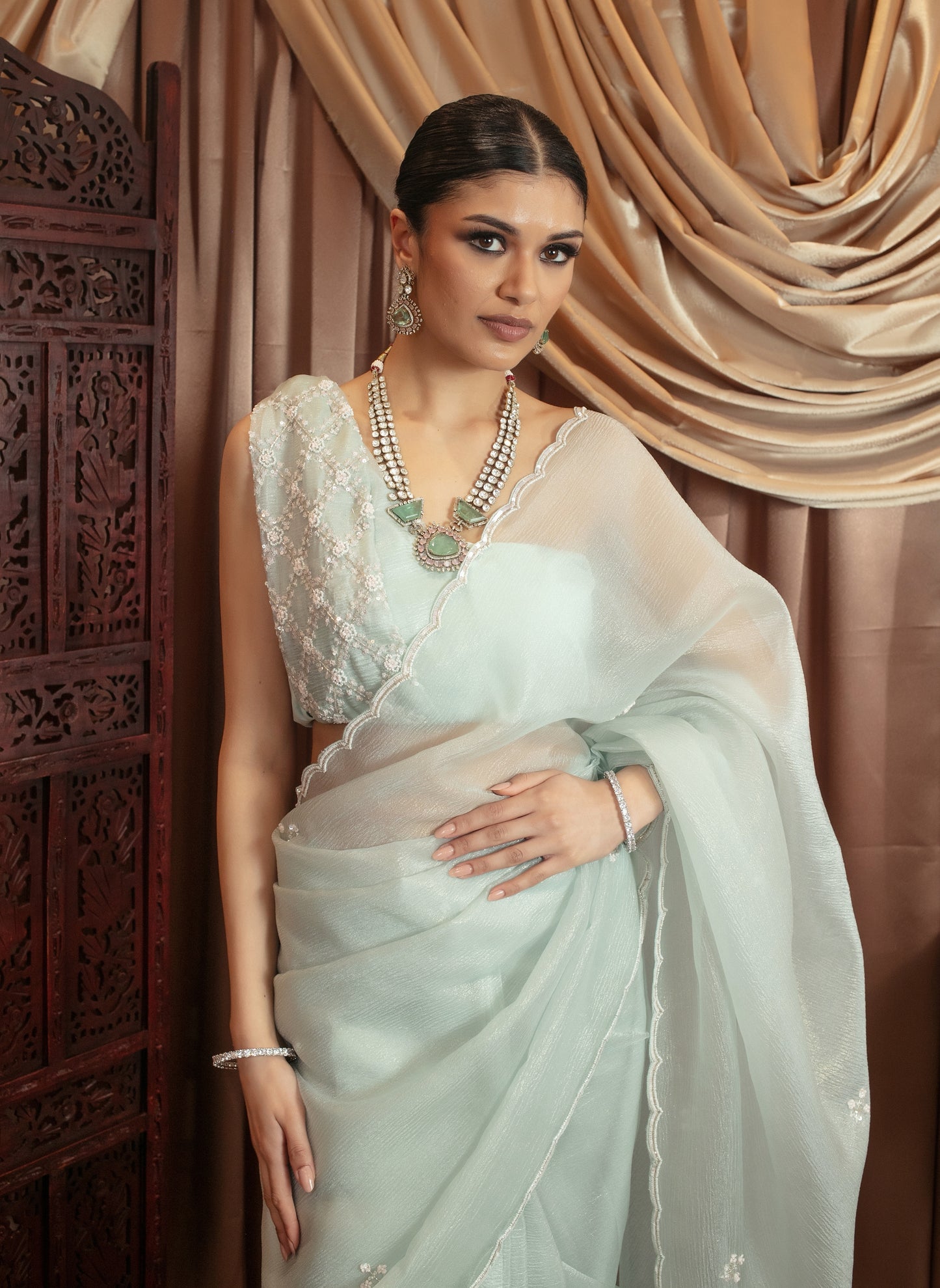 Luxury Crushed Silk Pearl Beadwork Embroidery Sari DF371