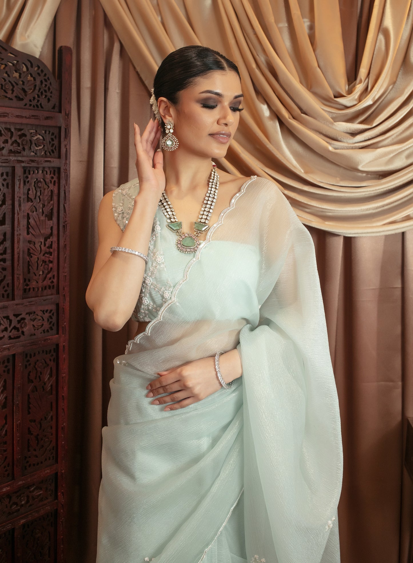 Luxury Crushed Silk Pearl Beadwork Embroidery Sari DF371