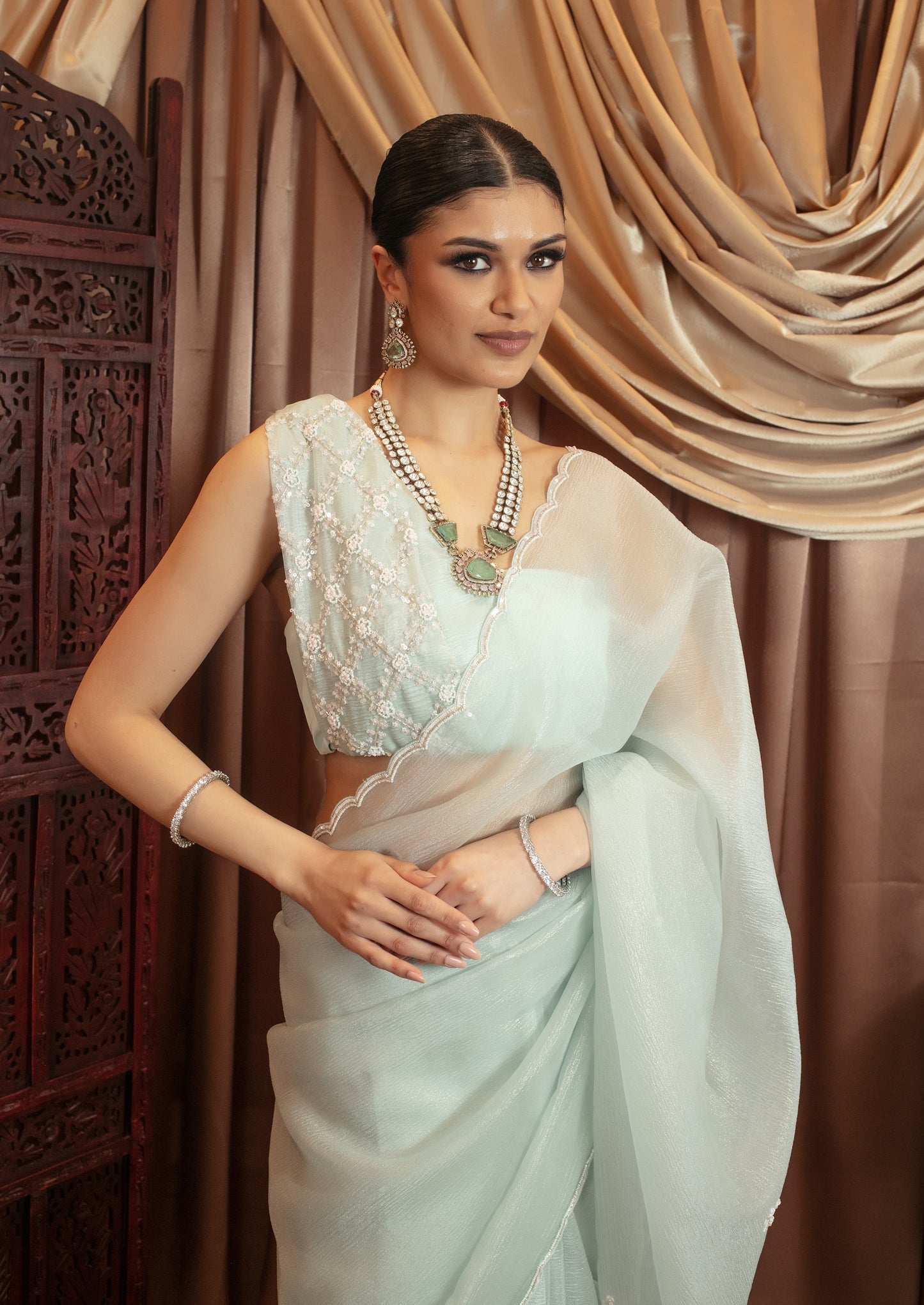 Luxury Crushed Silk Pearl Beadwork Embroidery Sari DF371