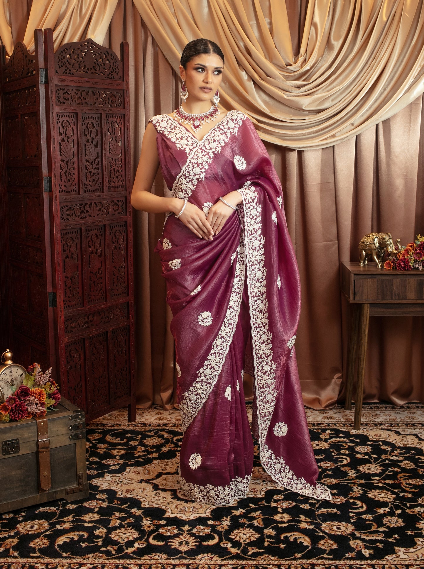 Premium Crushed Silk Diamante & Beadwork Embroidery Sari 483 GC0111