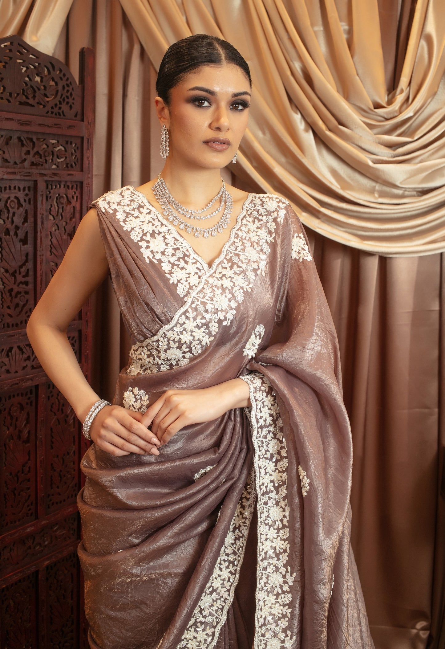 Premium Crushed Silk Diamante & Beadwork Embroidery Sari 483 GC0111