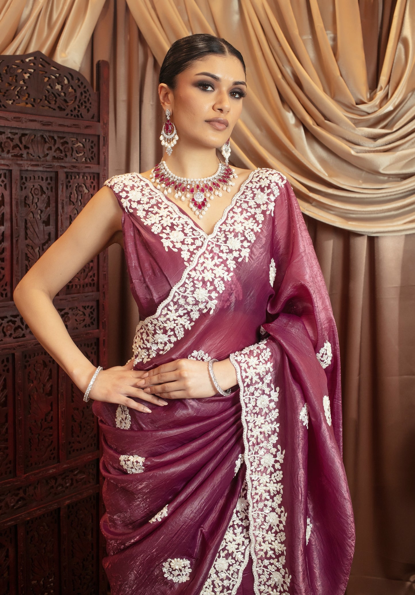 Premium Crushed Silk Diamante & Beadwork Embroidery Sari 483 GC0111