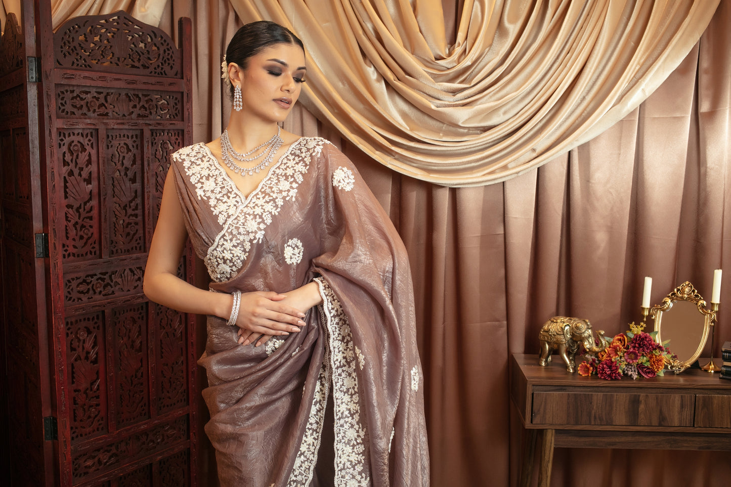 Premium Crushed Silk Diamante & Beadwork Embroidery Sari 483 GC0111