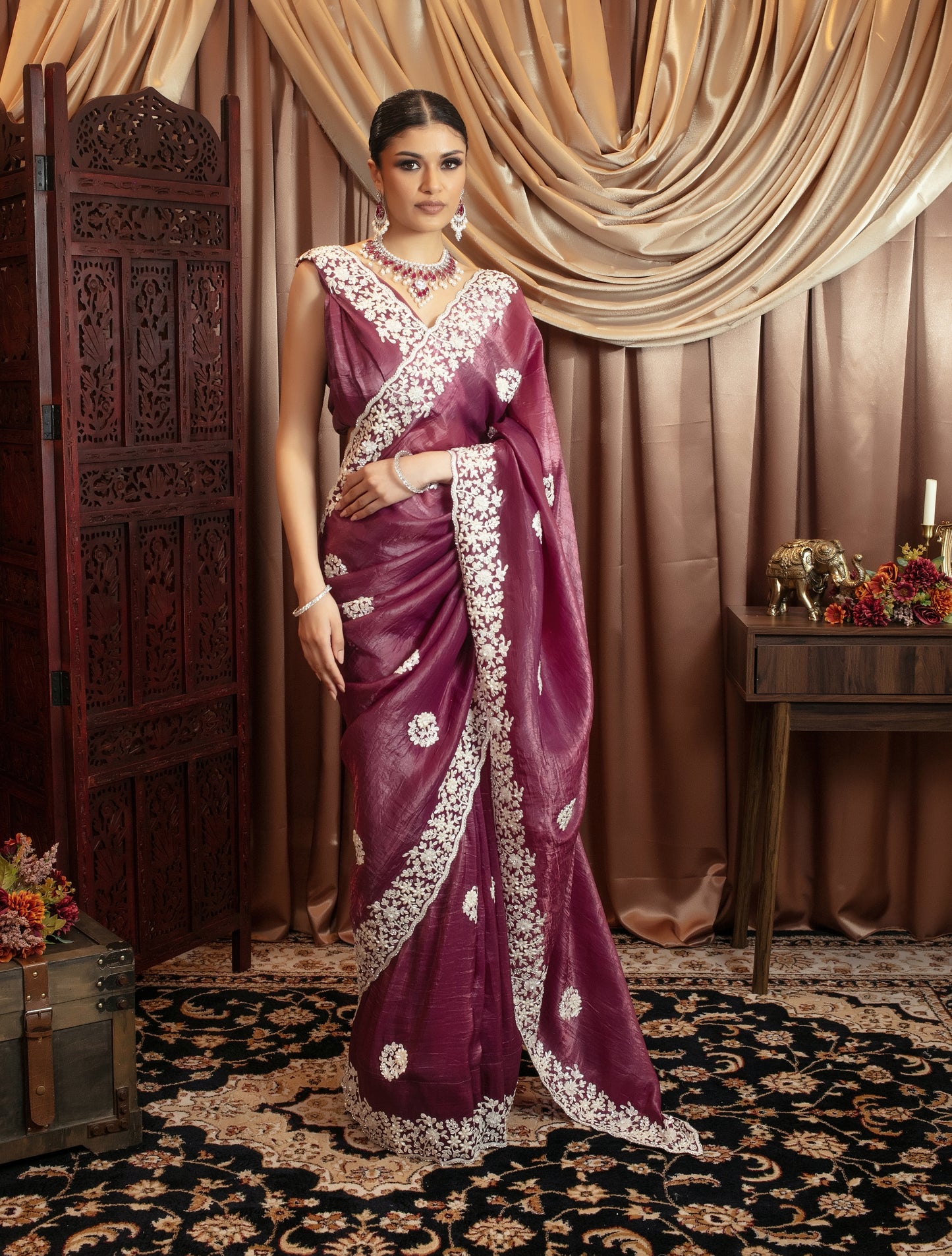 Premium Crushed Silk Diamante & Beadwork Embroidery Sari 483 GC0111