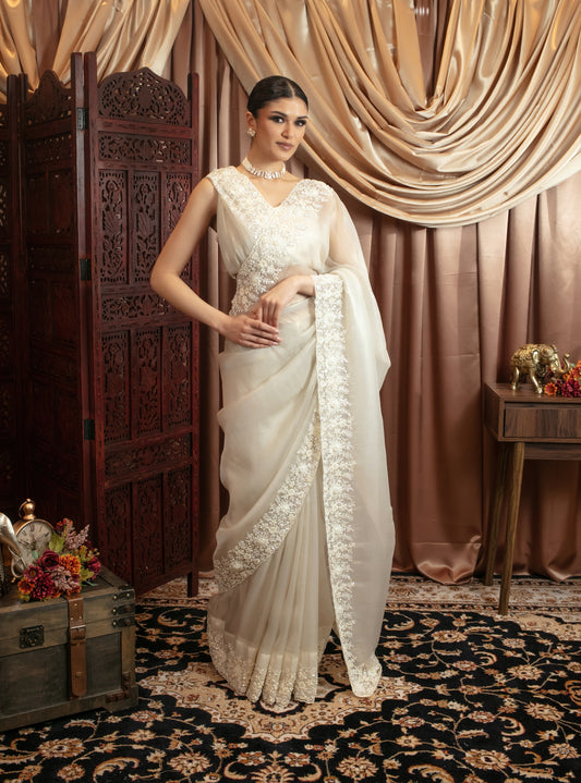 Premium Linen Shimmer Diamante & Beadwork Embroidery Sari 485 GC0112