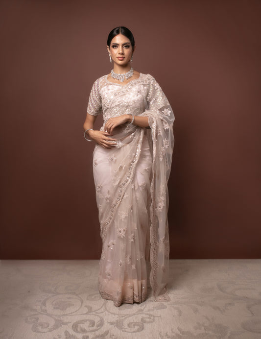 Luxury Soft Tulle Hand Embroidery & B/work (Pink Applique) Sari W/BP K0013