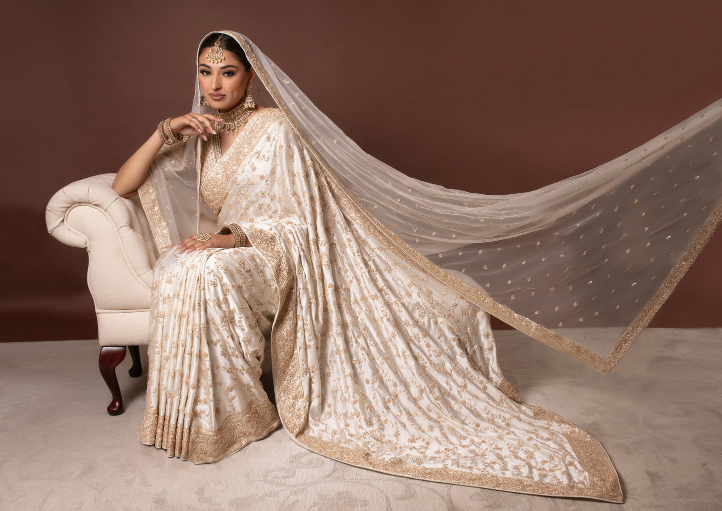Signature Crepe Silk Zardozi Embroidery Sari + Tulle Dupatta NC028