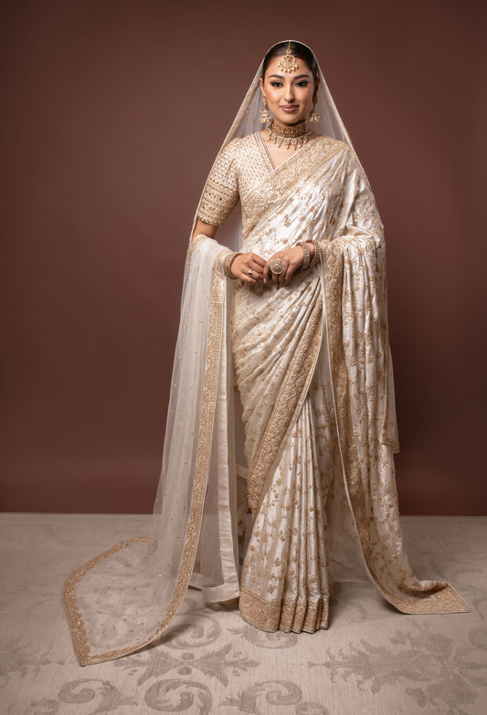 Signature Crepe Silk Zardozi Embroidery Sari + Tulle Dupatta NC028