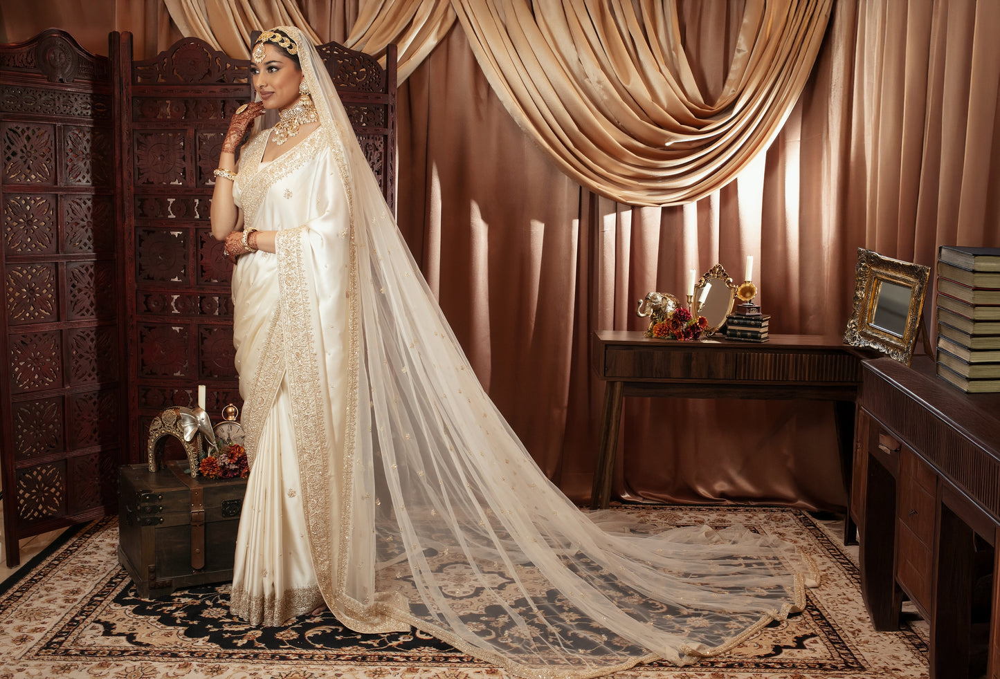 Signature Crepe Silk Zardozi Embroidery Sari W/Trail Dupatta NC087