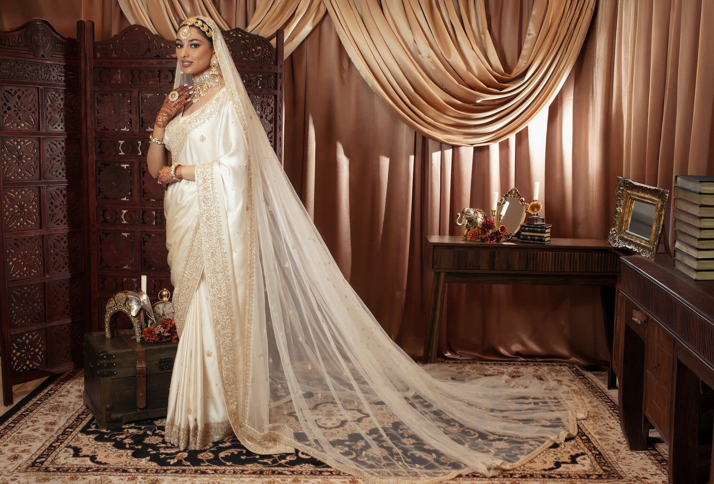 Signature Crepe Silk Zardozi Embroidery Sari W/Trail Dupatta NC087