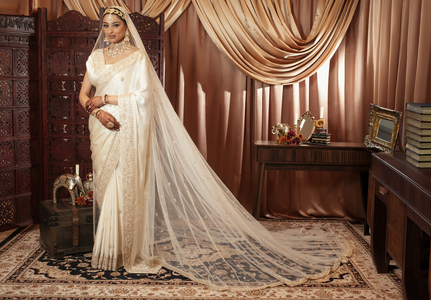 Signature Crepe Silk Zardozi Embroidery Sari W/Trail Dupatta NC087