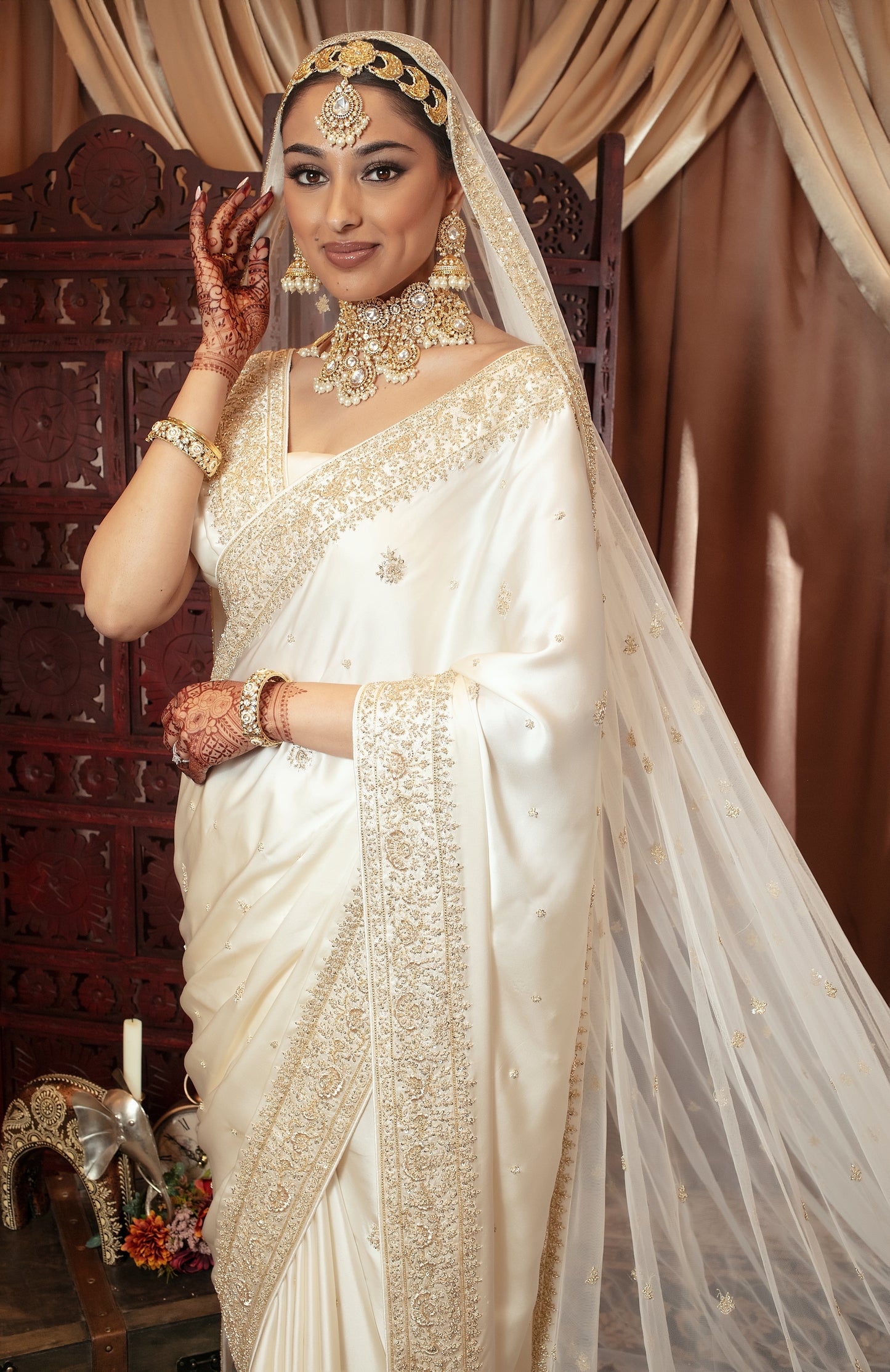 Signature Crepe Silk Zardozi Embroidery Sari W/Trail Dupatta NC087