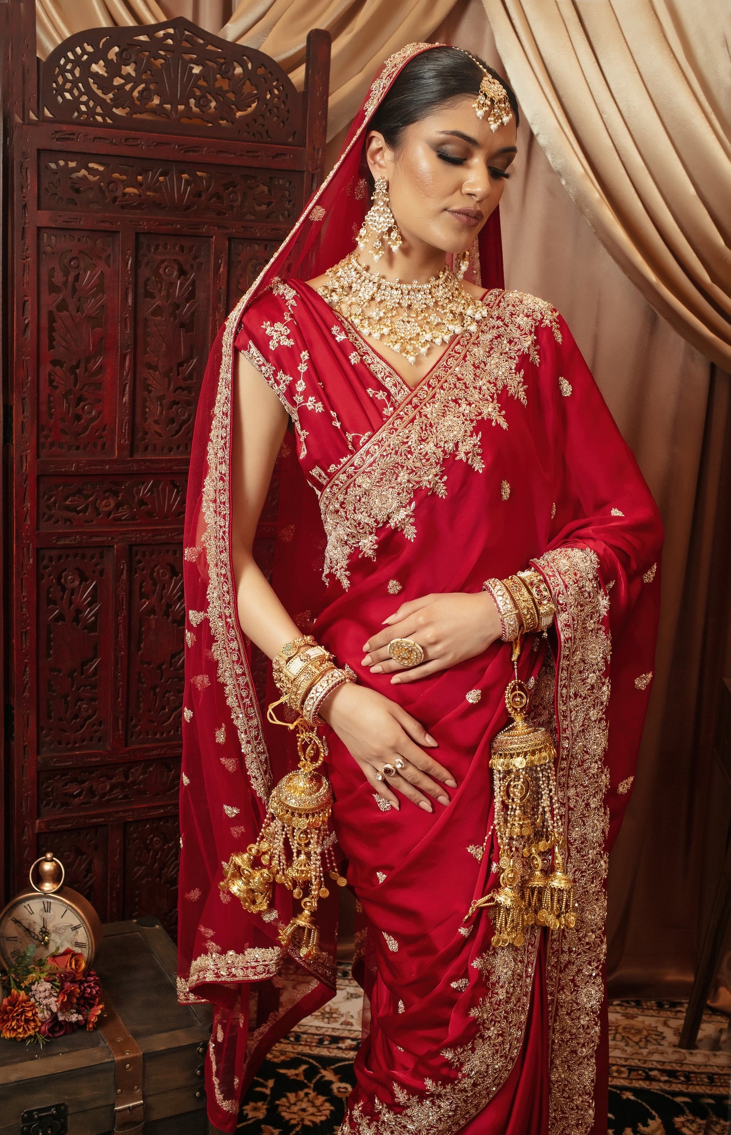 Signature Art Satin Silk Zardozi Embroidery Sari + Dupatta NC095