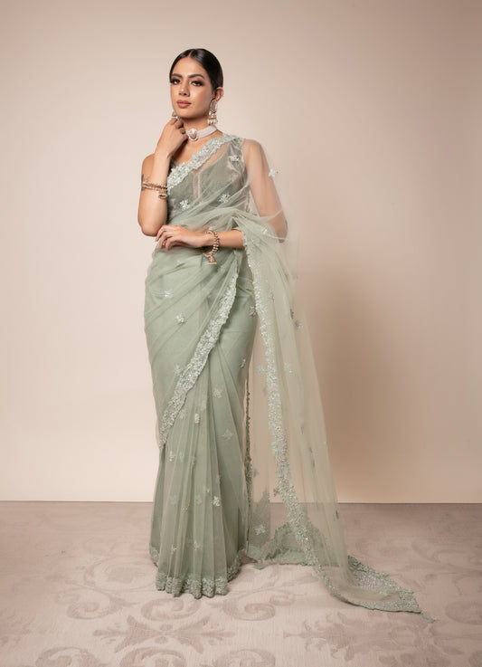 Luxury Soft Tulle Beadwork Embroidery Sari w/BP Mayapur/PMB0010