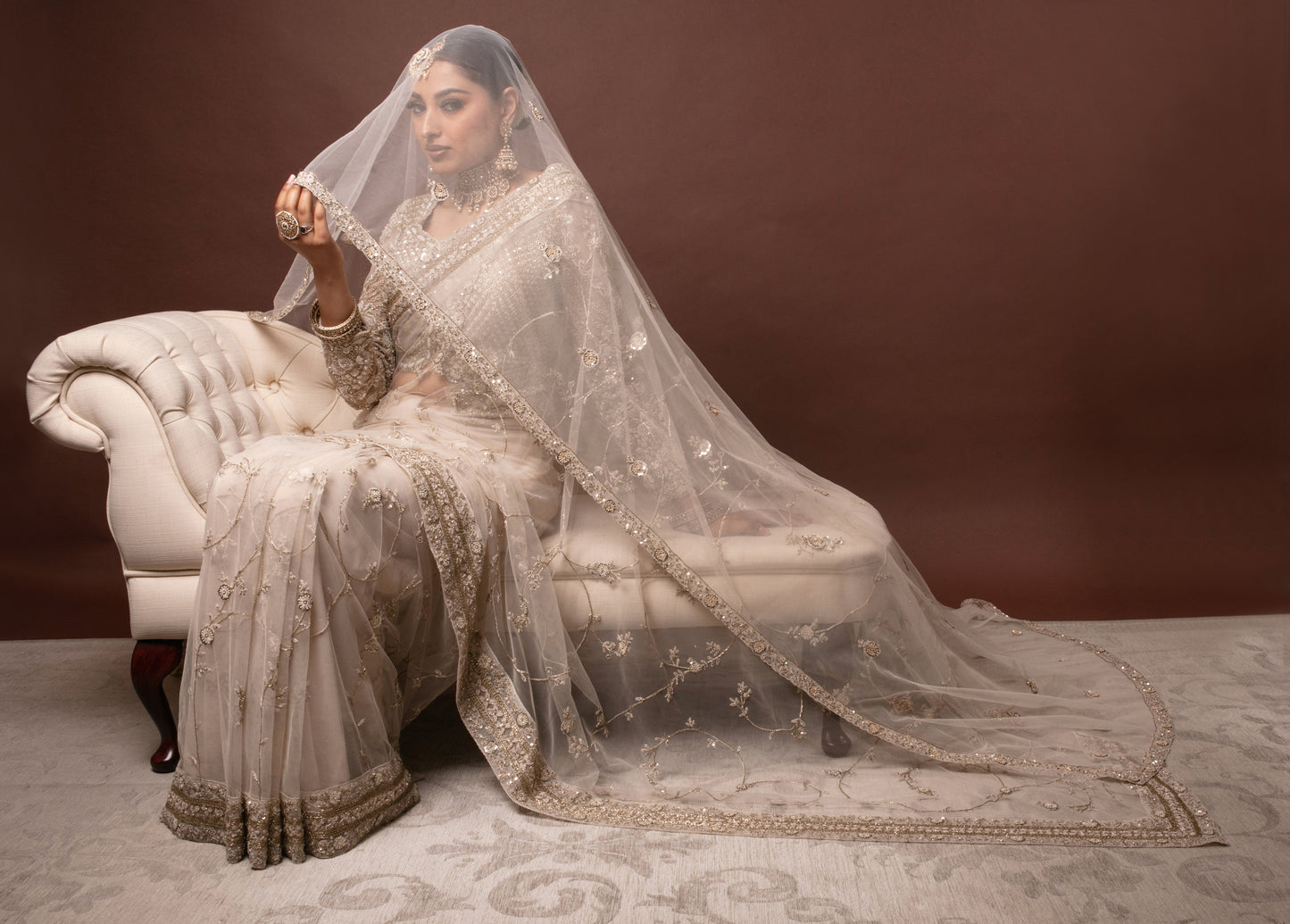 Signature Soft Tulle Beadwork Embroidery Sari & Bridal Veil PMB0014