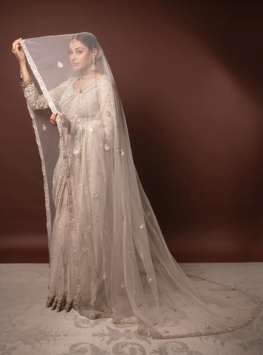 Signature Soft Tulle Beadwork Embroidery Sari & Bridal Veil PMB0014
