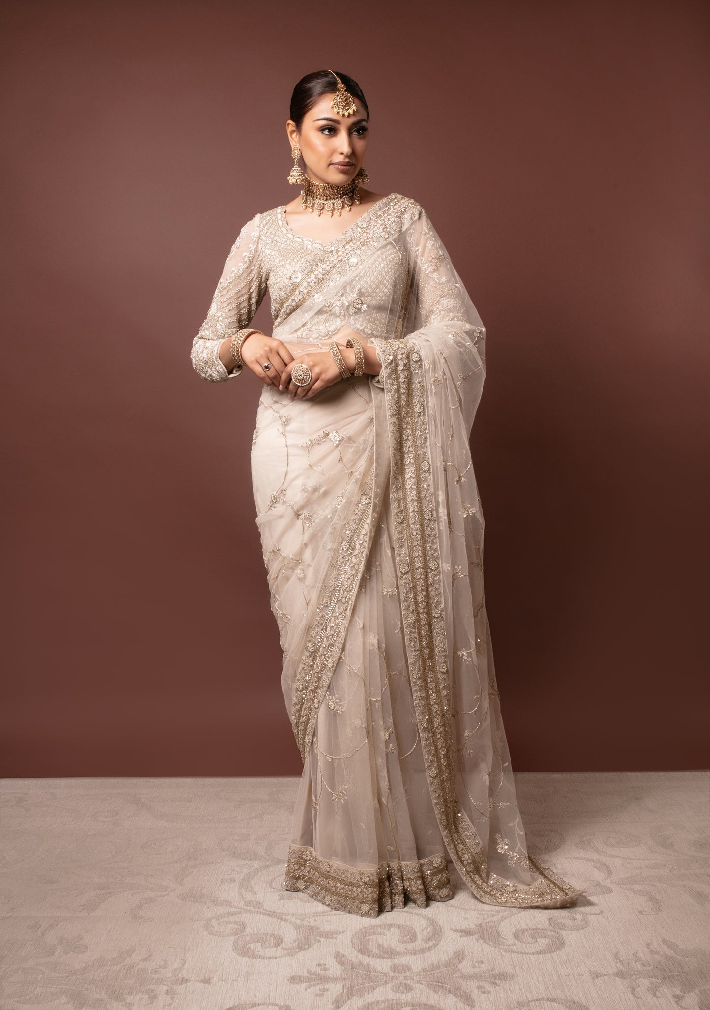 Signature Soft Tulle Beadwork Embroidery Sari & Bridal Veil PMB0014