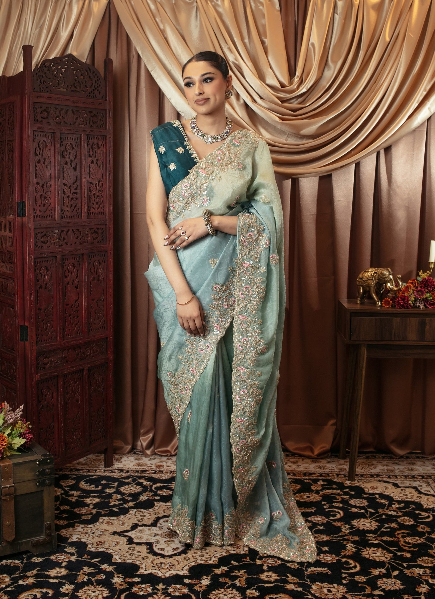 Luxury Viscose Silk Diamante & Threadwork Embroidery Sari VC0102