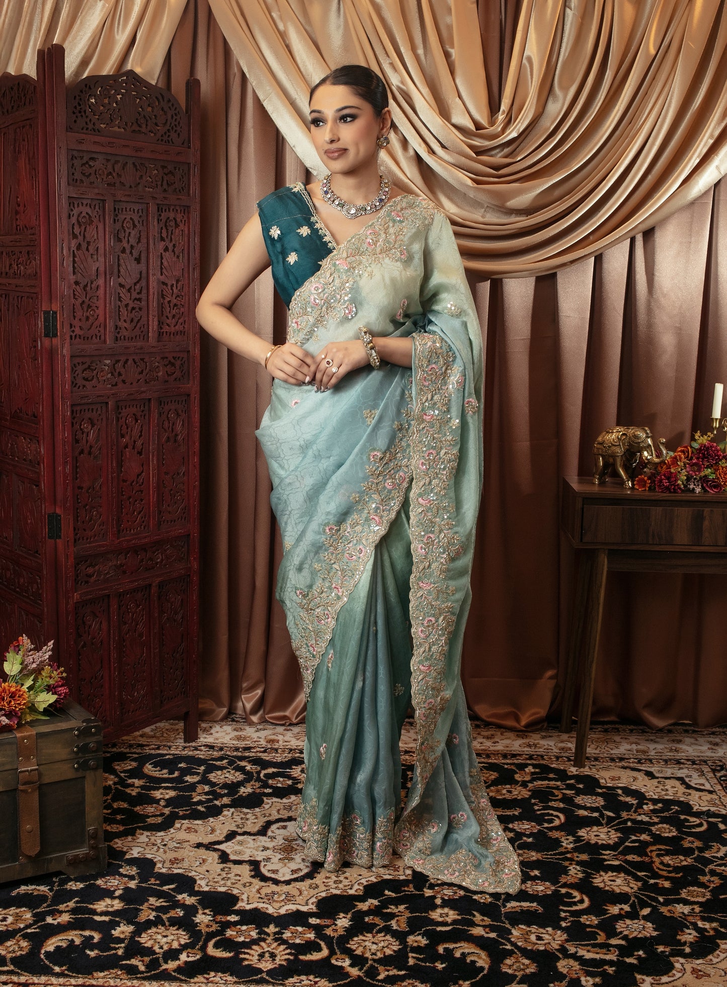 Luxury Viscose Silk Diamante & Threadwork Embroidery Sari VC0102