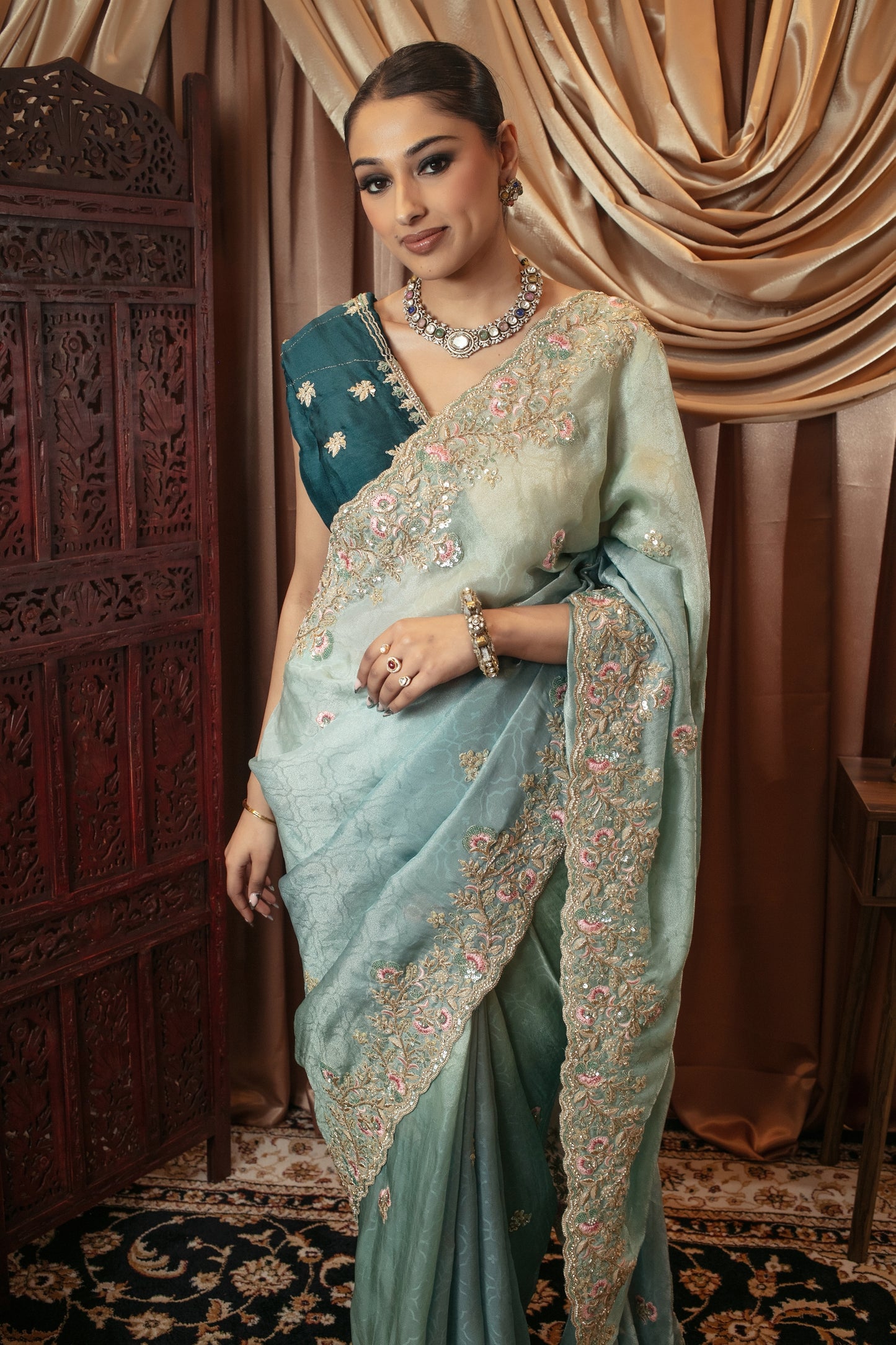 Luxury Viscose Silk Diamante & Threadwork Embroidery Sari VC0102