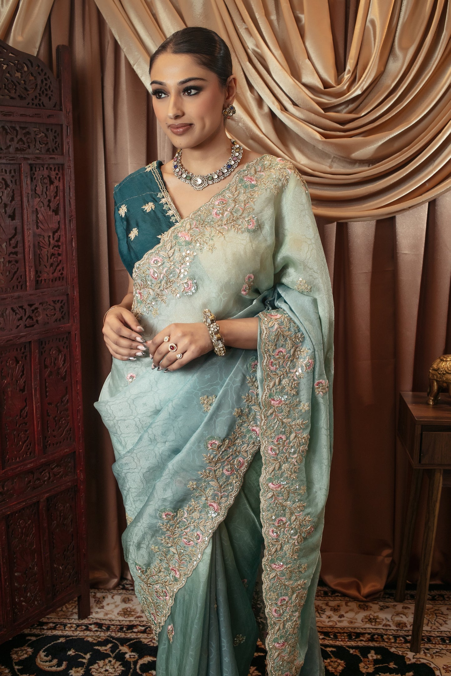 Luxury Viscose Silk Diamante & Threadwork Embroidery Sari VC0102