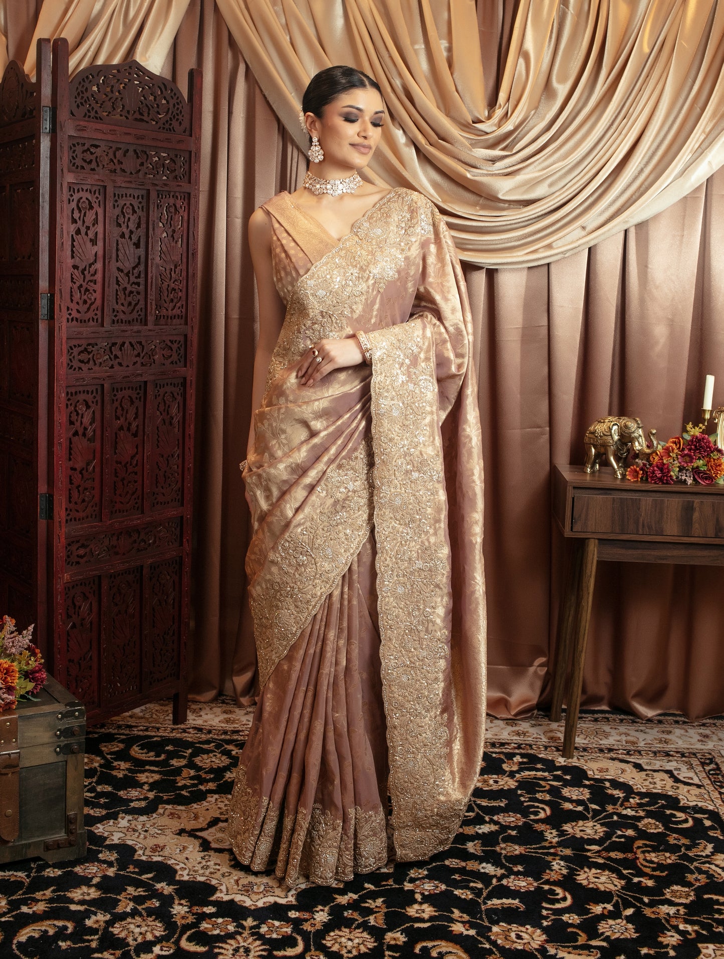 Luxury Tissue Silk Beadwork Embroidery & Diamante Sari VC096