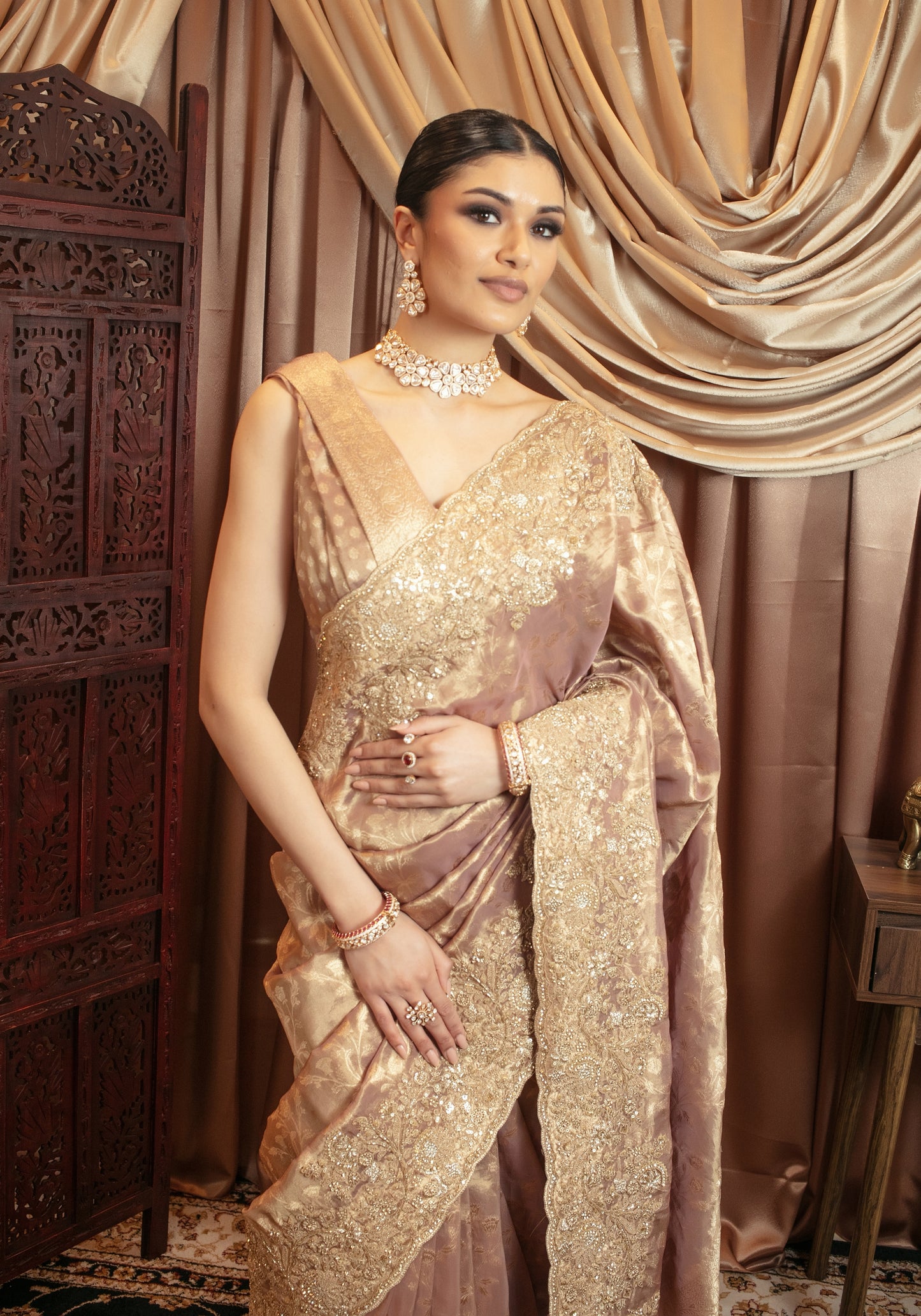 Luxury Tissue Silk Beadwork Embroidery & Diamante Sari VC096