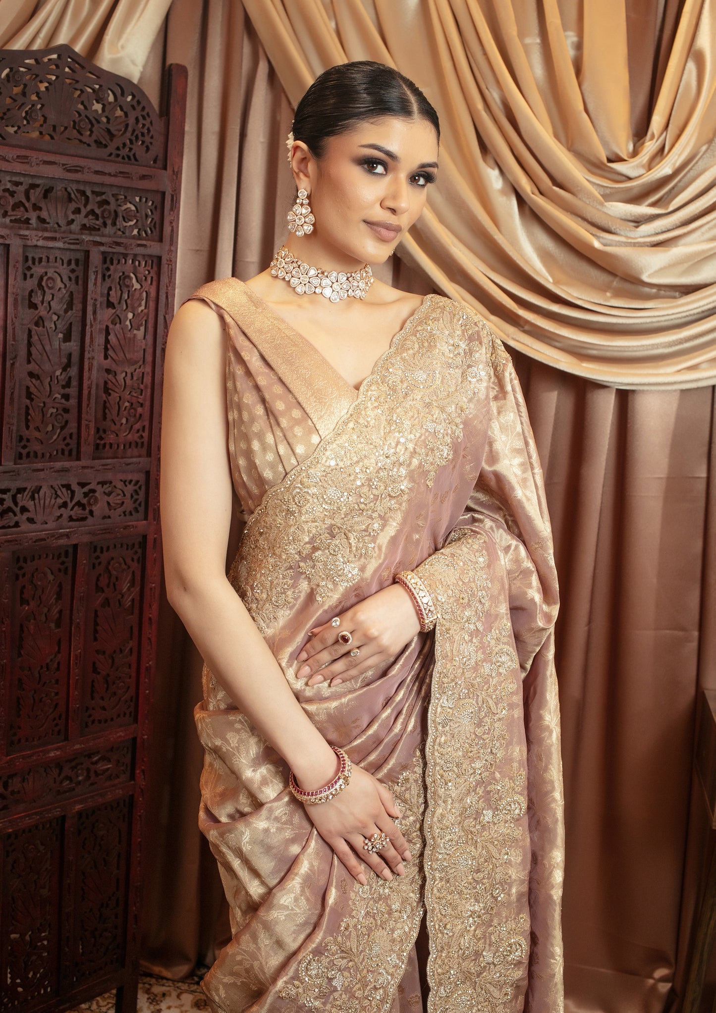 Luxury Tissue Silk Beadwork Embroidery & Diamante Sari VC096