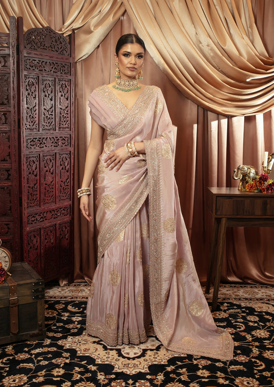Luxury Tissue Silk Threadwork & Beadwork Embroidery Sari YF025