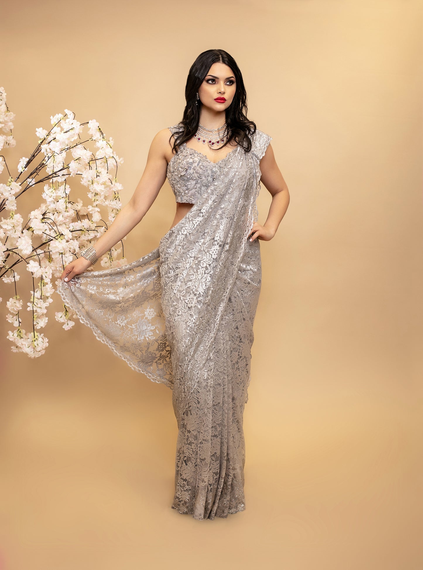 Signature Chantilly Lace & Diamante Sari W/Petticoat NC015