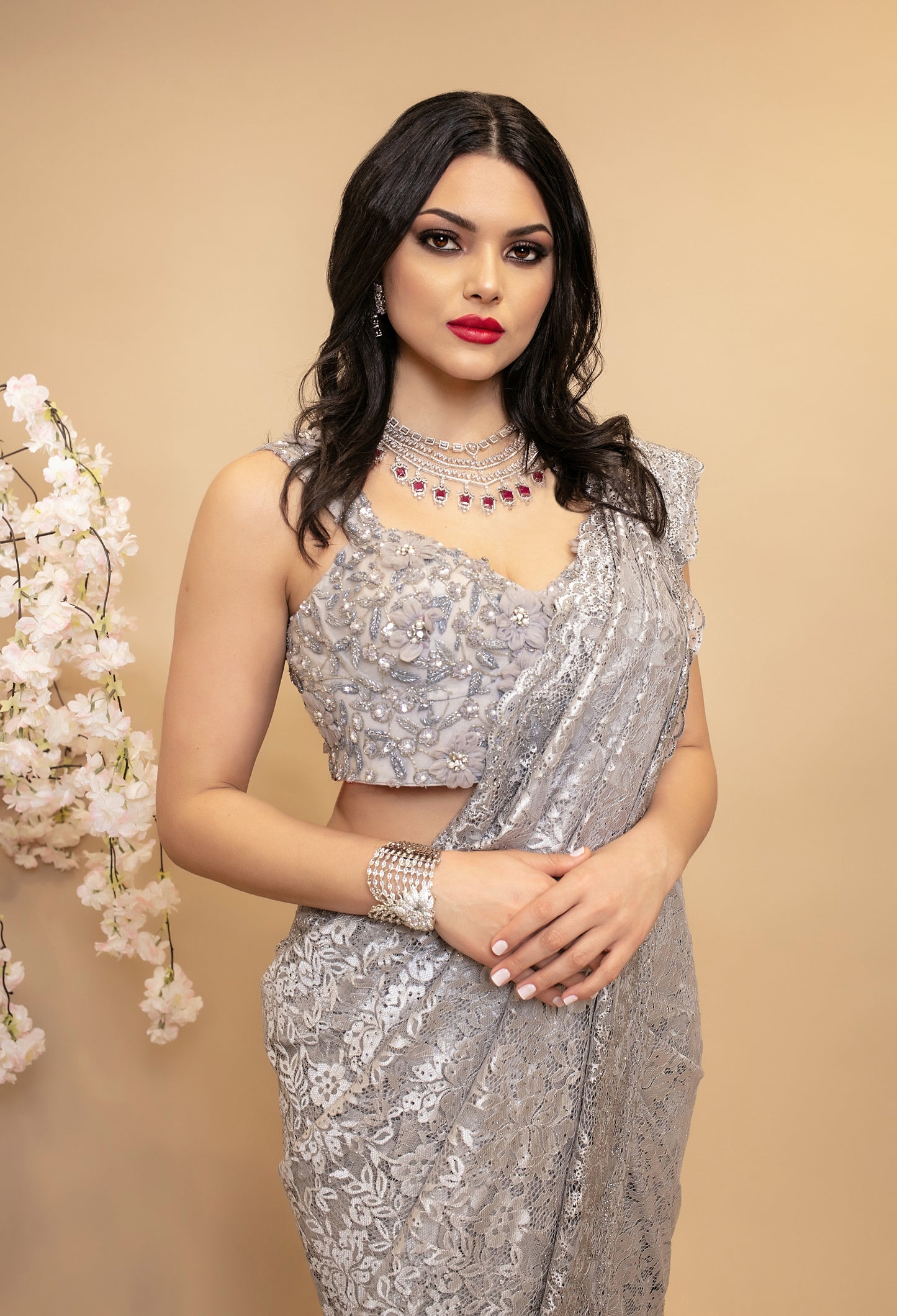 Signature Chantilly Lace & Diamante Sari W/Petticoat NC015