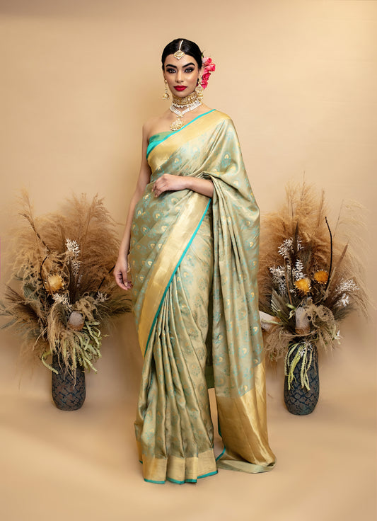 Signature Banarasi H/loom Satin Silk Sari - Tanchoi Keri Booti Design SS021