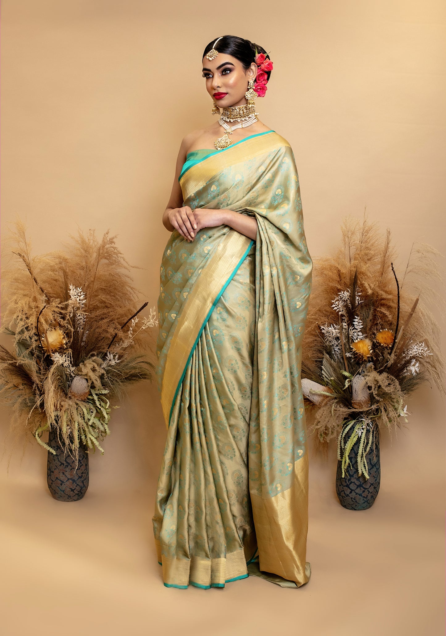 Signature Banarasi H/loom Satin Silk Sari - Tanchoi Keri Booti Design SS021
