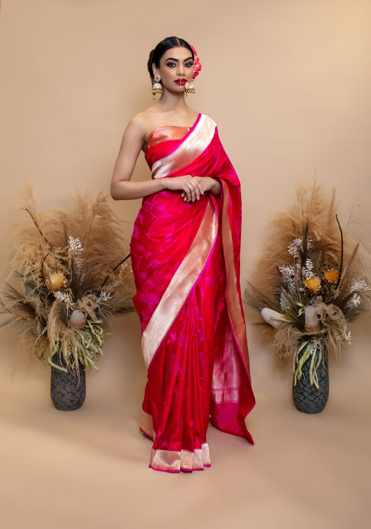 Signature Banarasi H/loom Satin Silk Sari - Fancy Jungla Zari Border SS025