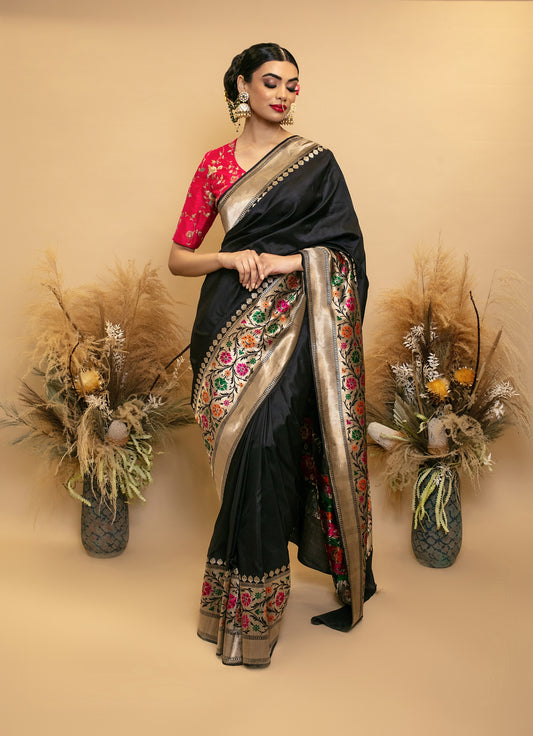 Signature Banarasi H/loom Satin Silk Sari - Baluchari Zari Border SS028