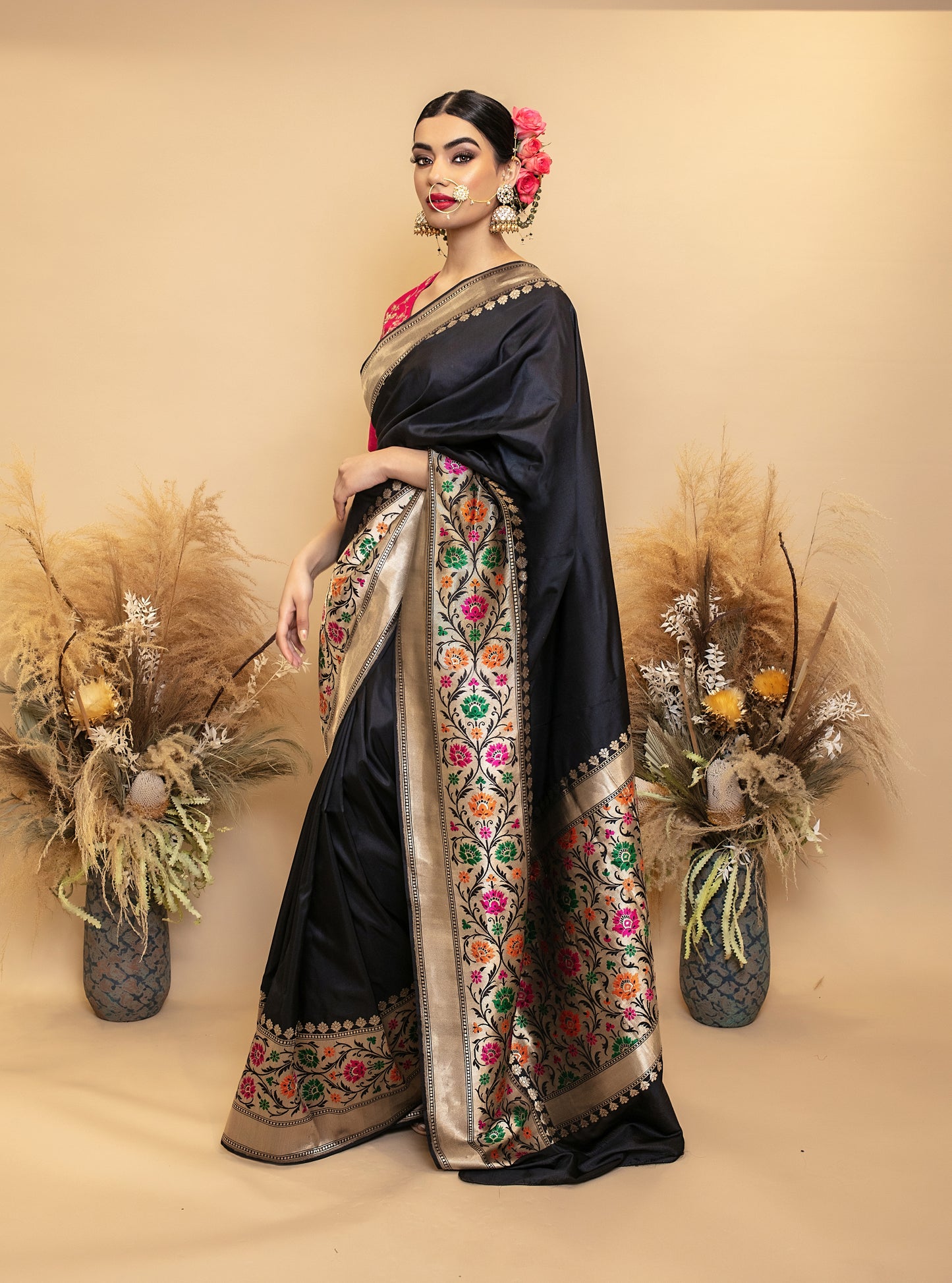 Signature Banarasi H/loom Satin Silk Sari - Baluchari Zari Border SS028
