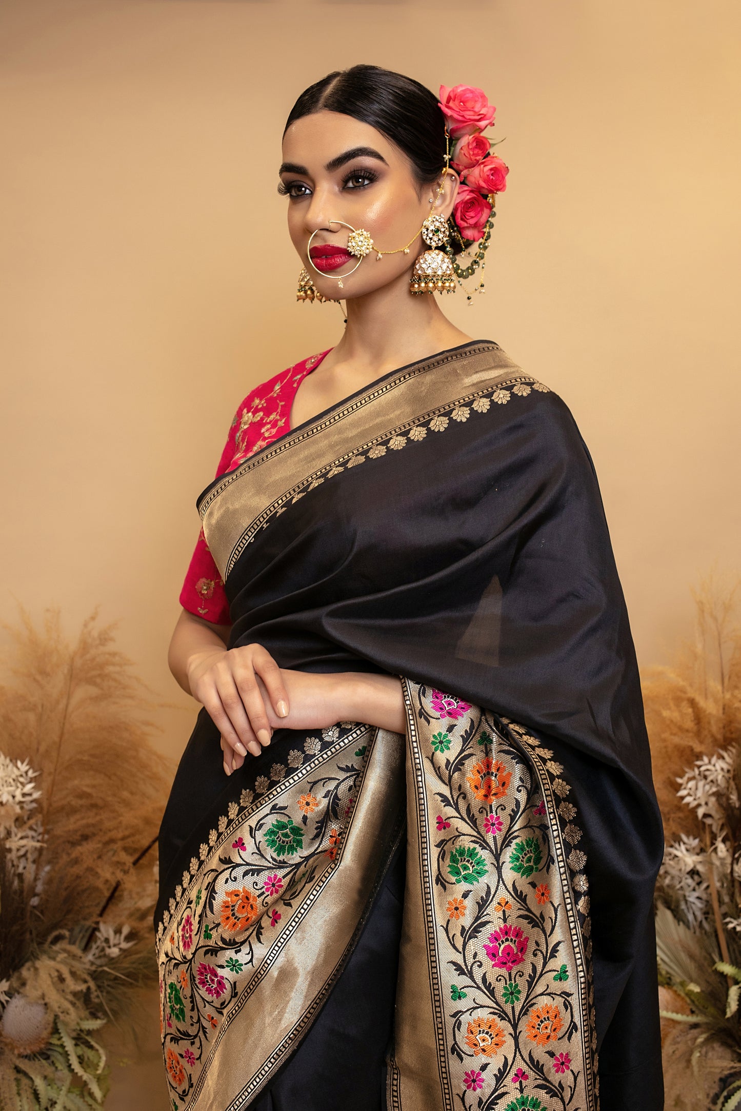 Signature Banarasi H/loom Satin Silk Sari - Baluchari Zari Border SS028
