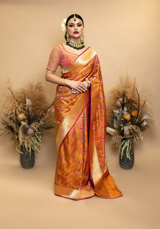 Signature Banarasi H/loom Satin Silk Sari - Dohri Tinchoi Design SS031