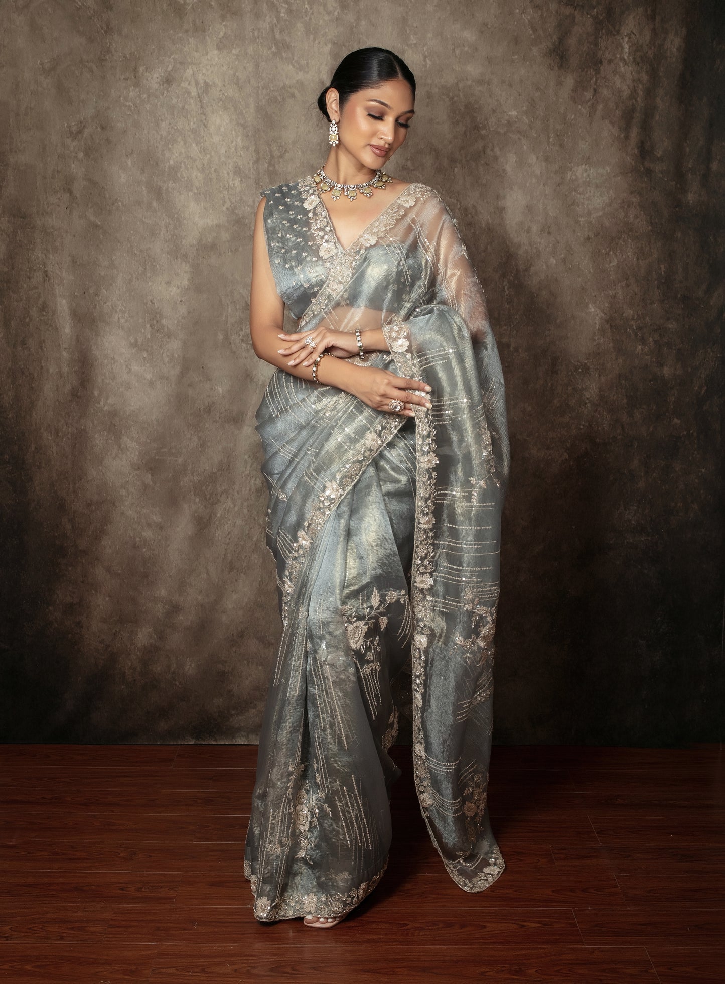 Luxury Tissue Organza Sequin & Beadwork Embroidery Sari AH005