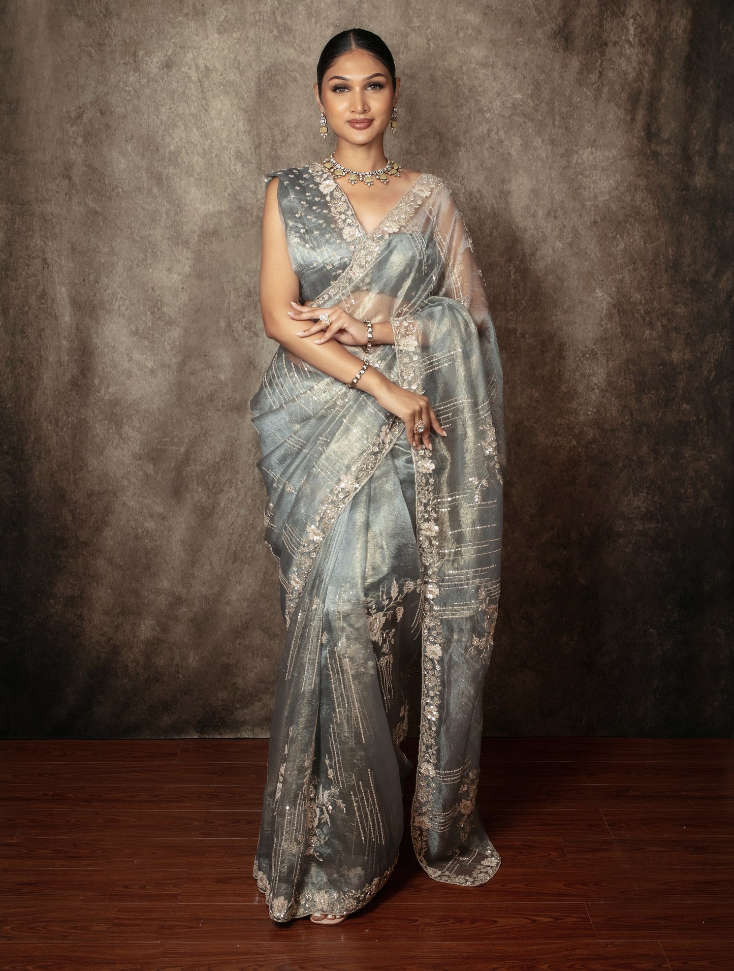 Luxury Tissue Organza Sequin & Beadwork Embroidery Sari AH005