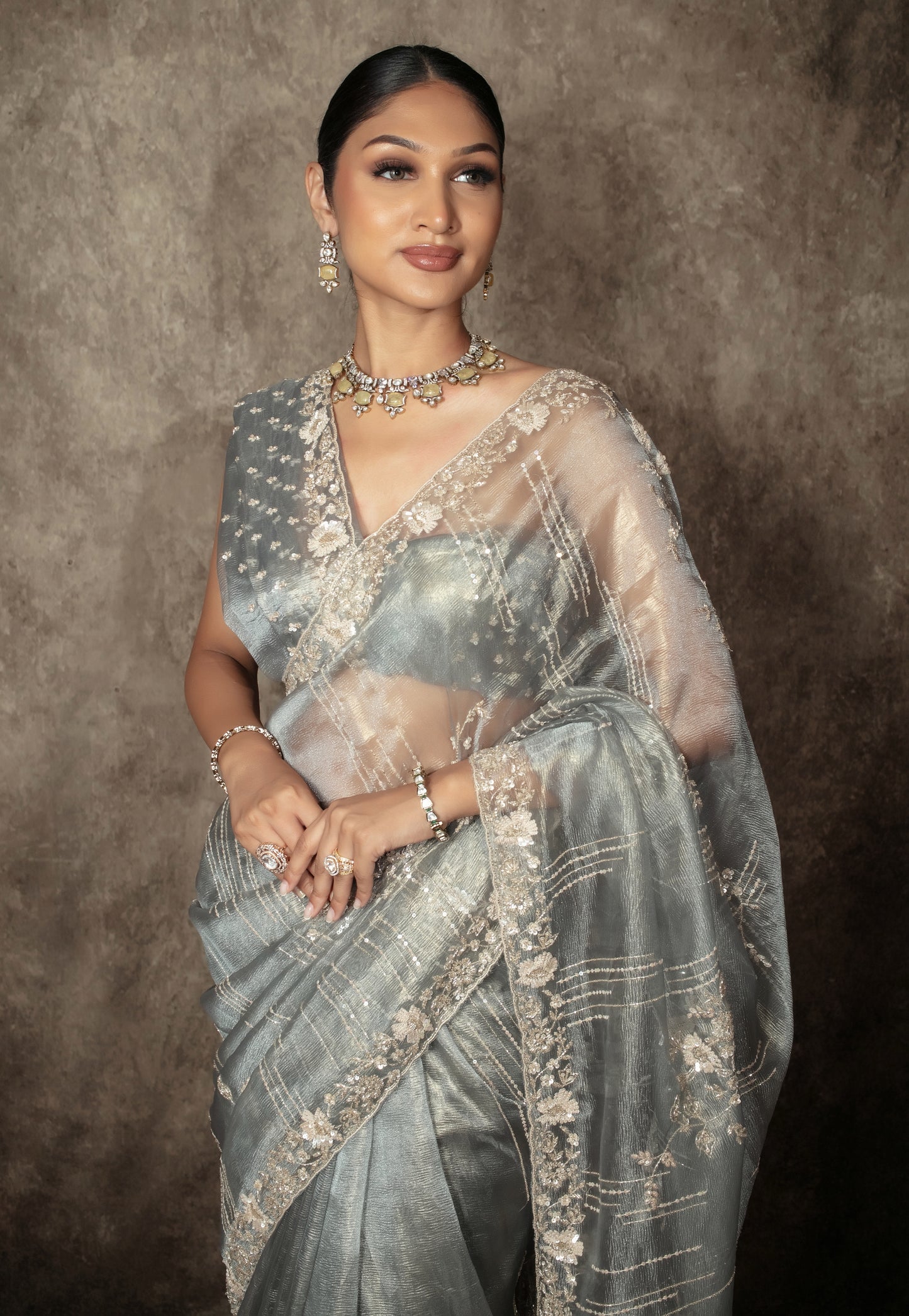 Luxury Tissue Organza Sequin & Beadwork Embroidery Sari AH005