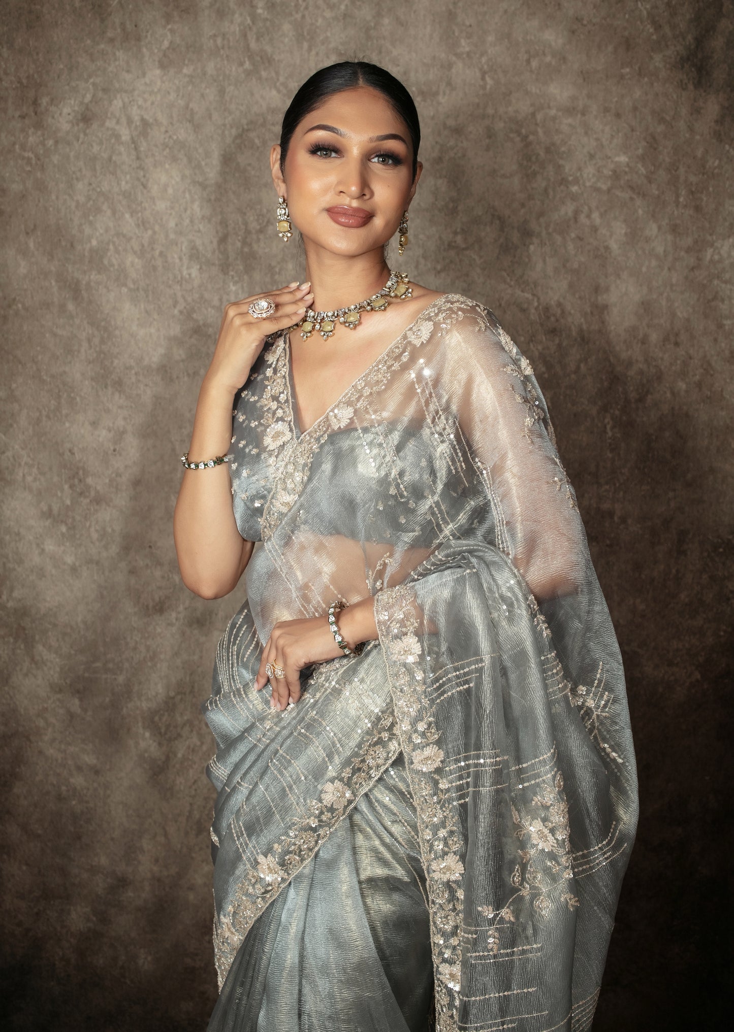 Luxury Tissue Organza Sequin & Beadwork Embroidery Sari AH005