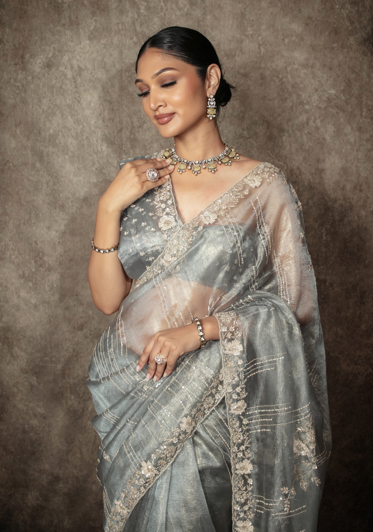 Luxury Tissue Organza Sequin & Beadwork Embroidery Sari AH005