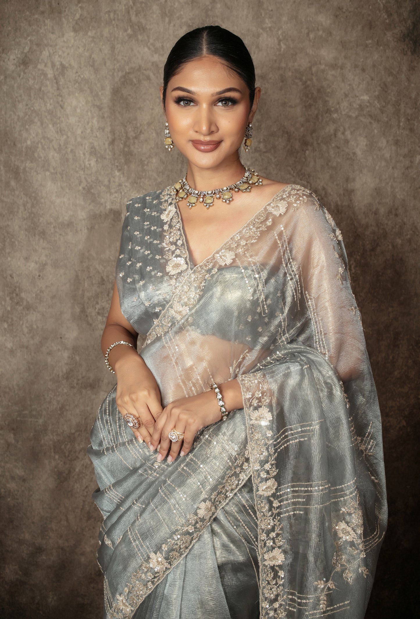 Luxury Tissue Organza Sequin & Beadwork Embroidery Sari AH005