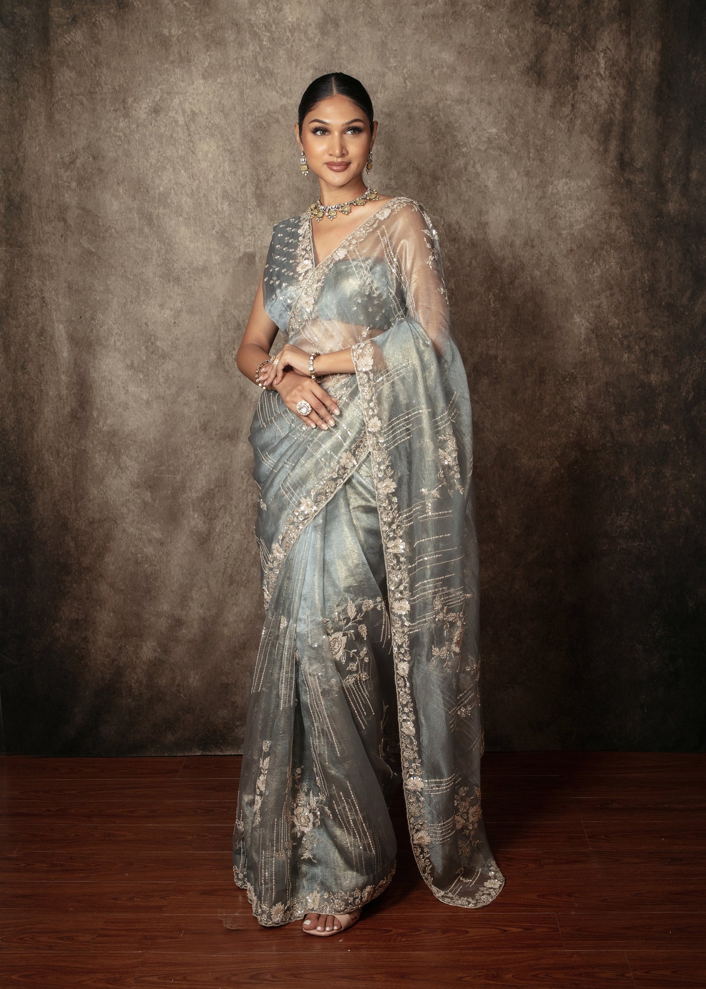 Luxury Tissue Organza Sequin & Beadwork Embroidery Sari AH005